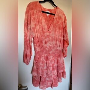 Aerie Long Sleeve Rock ‘n Ruffle Layered Coral & White Tie Dye Mini Dress Large